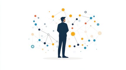 Abstract illustration of businessman with data visualization and geometric shapes background.