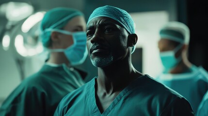 A confident surgeon wearing scrubs focused in an operating room with team members visible in the background.