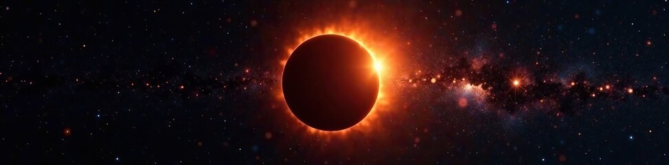 Obraz premium Solar eclipse on black background with sun and stars, solar eclipse, astronomy, black background