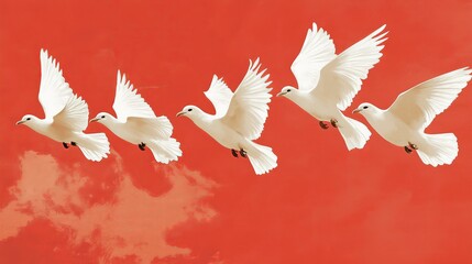 Obraz premium White birds flying peacefully in the sky n a red background.