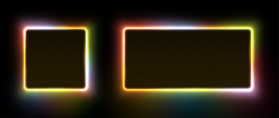Neon glowing square and rectangular frames. Multicolored led fluorescent lasers isolated on black background. Vector 3d illustration.