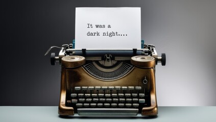 Vintage typewriter with a sheet of paper displaying the phrase It was a dark night... against a moody gradient backdrop. Perfect for storytelling, noir, and creative writing concepts