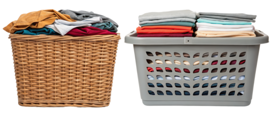 Laundry in wicker and plastic hampers isolated with transparent background