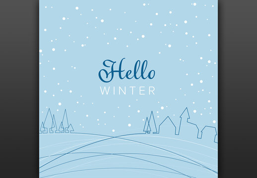 Hello Winter Blue card banner poster Snowy Landscape Illustration template