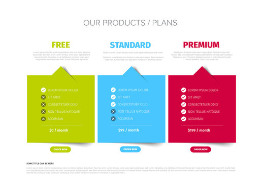 Pricing Plan Comparison Template with free, standard and premium subscription options