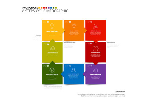 Colorful 8 Steps Cycle Infographic Template made from eight color square blocks