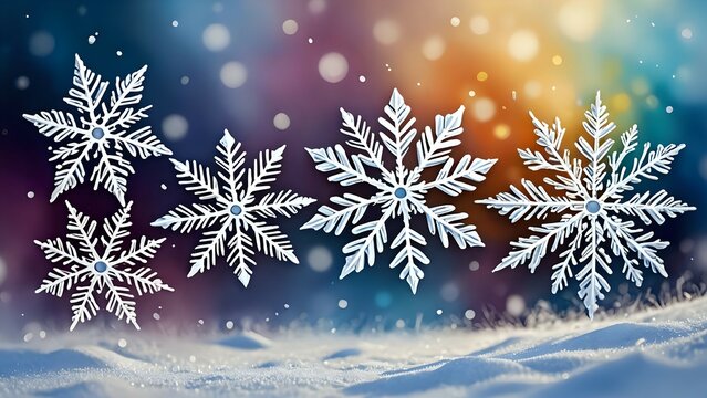 Five ornate snowflakes descend against a vibrant bokeh background, settling gently on a pristine layer of snow. A perfect winter wonderland scene.