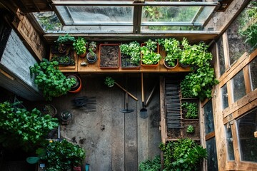 Aerial View of Greenhouse Plants and Gardening Tools