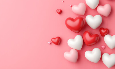 Pink white and red 3d hearts decorate a vibrant pink background, for a birthday, Mother's Day, and Valentine's Day themes.
