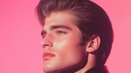 Young caucasian male with styled hair in profile against pink background