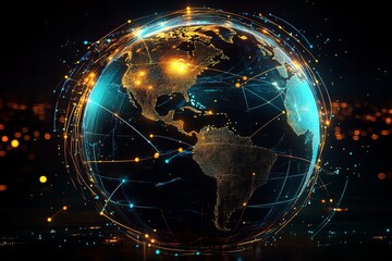 Obraz premium Digital Globe Connections: Glowing Network of Global Cities - 