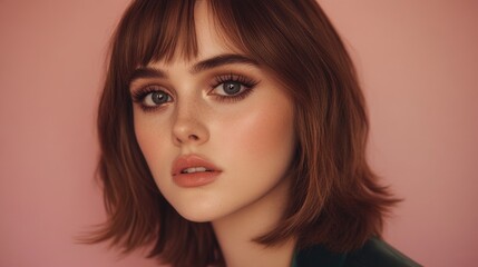 Fototapeta premium Young caucasian female with brown hair and subtle makeup on pink background