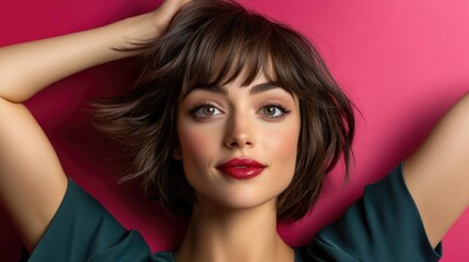 Fototapeta premium Young caucasian female with short brown hair and red lips on pink background