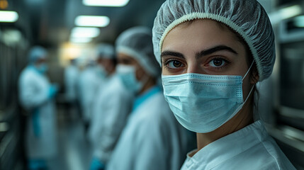 Medical professional in protective gear within a hospital corridor at night
