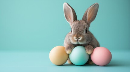 Playful bunny with oversized ears next to pastel colored eggs