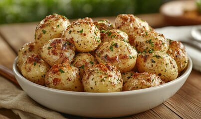Roasted baby potatoes with herbs and spices in a bowl on a wooden table.