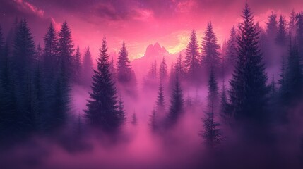 Enchanted Forest at Dusk: Pink and Purple Hues Under a Starlit Sky