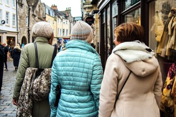 Fototapeta premium Three women shopping in winter coats on european street