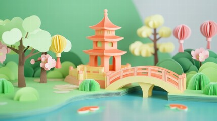 Creating a Serene Japanese Garden Scene Paper Craft Art Tranquil Environment Vibrant Viewpoint Coral Pagoda Concept
