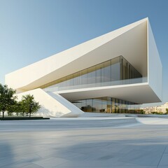 Fototapeta premium Innovative asymmetrical modern building design urban setting architecture bright environment wide angle view