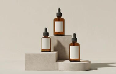 Elegantly Arranged Amber Glass Dropper Bottles with Minimalist Labels, Ready for Customization