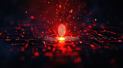 Red Digital Fingerprint on Futuristic Circuitry Background