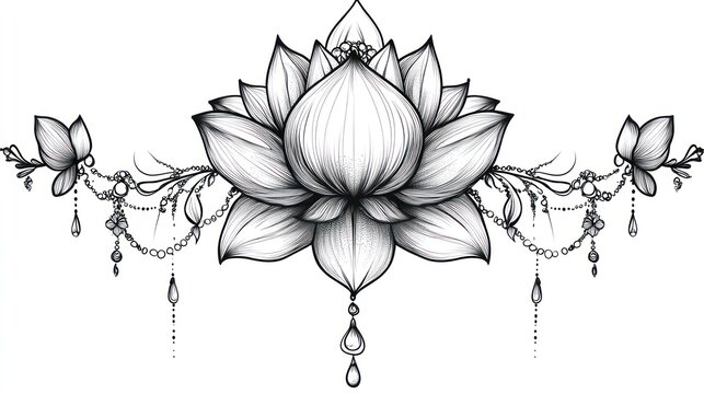 Monochrome Lotus Tattoo Design, Body Art, Floral,  White Background, Underbust Placement