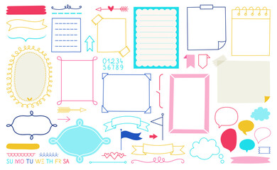 Set of cute hand drawn labels. Colorful collections of Frames, Numbers, Calendar elements and Decoration Vector Elements