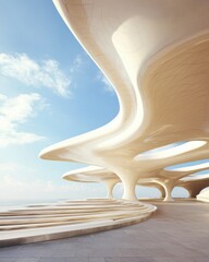 Futuristic pavilion design coastal city architectural showcase open air environment low angle viewpoint modern aesthetics