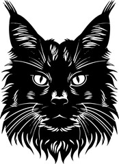 Mainecoon cat | Realistic cat face vector | Minimalist silhouette | Bold, clean lines | Detailed Feline face illustration | High-contrast black on white | Simplified SVG