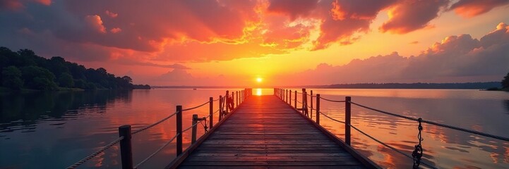 Obraz premium Sunset over the calm waters of a wooden bridge, peaceful, sunset