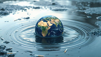 Water, planet and climate change with the earth in a puddle as a symbol of global warming or temperature shift. Created with  technology, Dreamy, with white tones