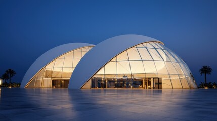 Modern architectural glass-domed structure urban setting night view contemporary design futuristic concept