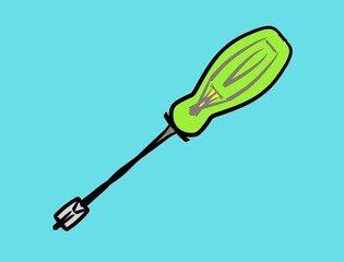 Image of a green flathead screwdriver on a blue background. Work tool theme .