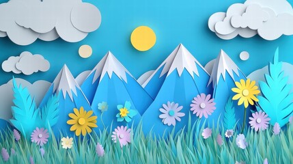 Obraz premium Creating Paper Craft Art in a Mountain Meadow Under a Powder Blue Sky