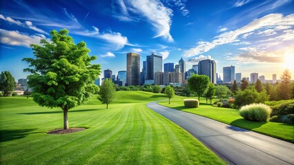 Obraz premium Surreal Cityscape: Front Lawn Road, Grassy Meadow Meets Urban Skyline