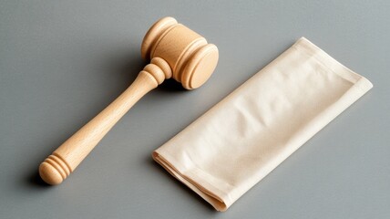 Wooden gavel and beige cloth on gray background