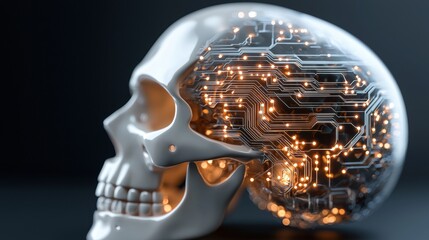 A futuristic human skull with glowing circuits replaces bones, illustrating the fusion of AI technology and humanlike systems