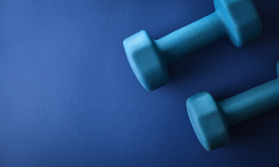 Two octagonal blue neoprene dumbbells isolated on blue background