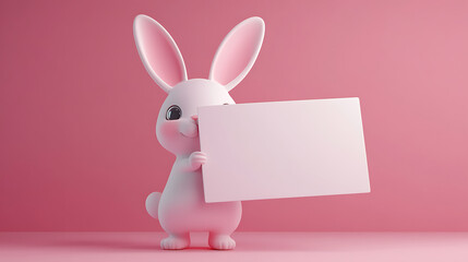 Obraz premium A cute, pink rabbit holding a blank sign against a soft pink background.