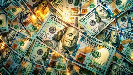 Fototapeta premium Surreal Close-Up of One Hundred Dollar Bills: Top View, Abstract Money Art