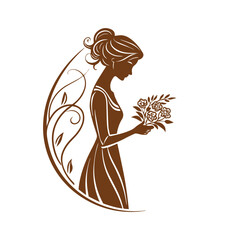  A hand drawn logo featuring a silhouette of a woman holding flowers silhouette Vector isolated on White Background.e