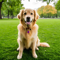Adorable golden retriever dog sitting on green grass in a park