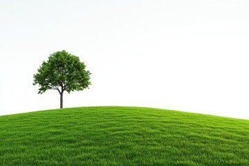 Fototapeta premium Solitary Tree on Green Hill - A single tree stands proudly atop a verdant hill against a bright white sky, symbolizing growth, peace, nature, isolation, and hope.