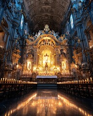 Obraz premium The richly decorated altar of a Catholic cathedral, adorned with candles and gold accents,