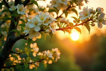 Obraz premium The canopy of a tree is adorned with delicate white and yellow flowers under a soft orange sunset, warm lighting, garden scene, botanical photography