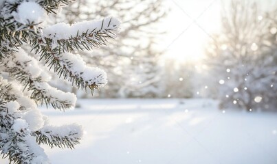 Snow-covered pine branch in winter forest at sunset.