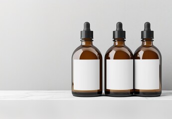 Elegantly Arranged Amber Glass Dropper Bottles with Minimalist Labels, Ready for Customization