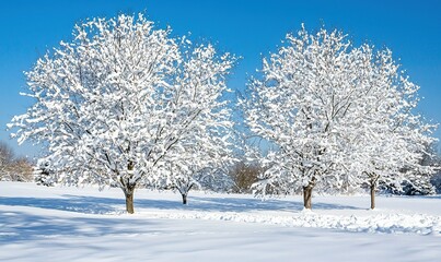 Fototapeta premium Snow-covered trees in a winter park landscape under blue sky.