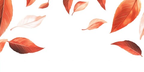 Obraz premium Vibrant Red and Peach Autumn Leaves Falling on White Background Seasonal Design